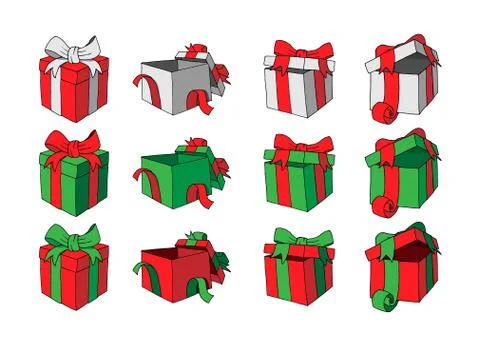 Set of gift boxes. Vector cartoon doodles. Isolated objects on white background 스톡 일러스트