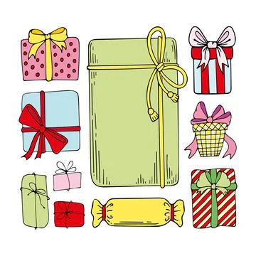 Set of gift boxes vector. Present in wrapping paper with a bow tied with a ri Illustrazione stock