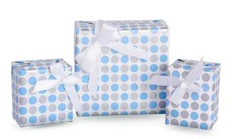 Set of gift boxes in wrapping paper on white background Stock Photos