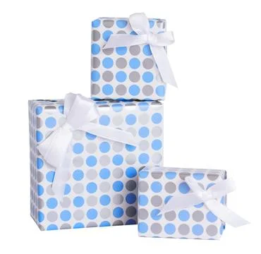 Set of gift boxes in wrapping paper on white background isolated Stock Photos