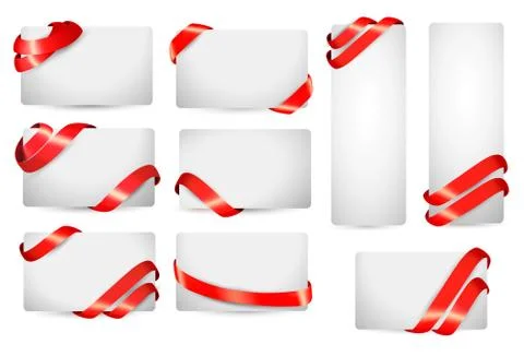 Set of gift card notes with red ribbons. vector illustration. Stock Illustration