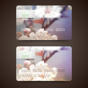 Set of gift cards with blurred background of blossom cherry flowers, vector Stock Illustration