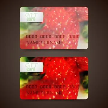 Set of gift cards with blurred background of ripe strawberries, vector design Stock Illustration
