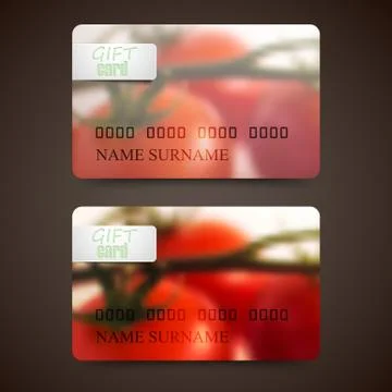 Set of gift cards with blurred background of red tomatoes, vector design Stock Illustration