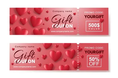Set of gift coupons with red 3d hearts Illustrazione stock