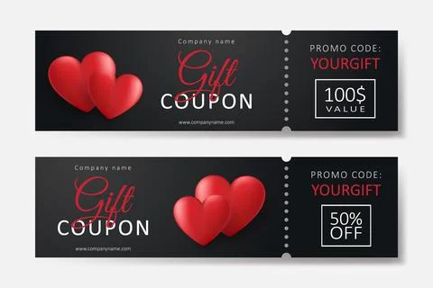 Set of gift coupons with red 3d hearts Illustrazione stock