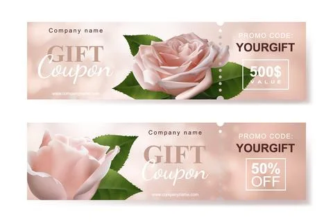 Set of gift coupons with two realistic pink roses flowers Stockillustratie