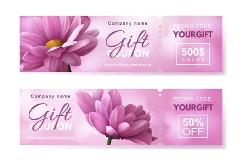 Set of gift coupons with two realistic pink chrysanthemum flowers Illustrazione stock