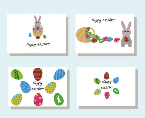 A set of gift Easter cards with a rabbit, a basket and colorful eggs. Stock Illustration