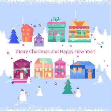 Set of gift homes - boxes, with a New Year's bright decor. Flat vector image Stock Illustration