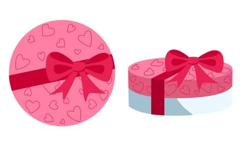 Set of gift round boxes top and side view with bows and a pattern of hearts f Stock Illustration