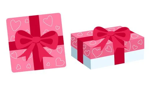 Set of gift square boxes top and side view with bows and a pattern of hearts Stock Illustration