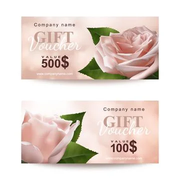 Set of gift vouchers with two realistic pink roses flowers Stock Illustration