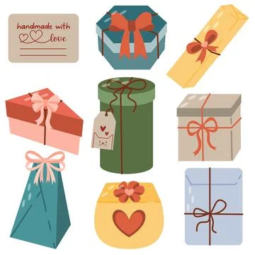 A set of gift wrapping boxes of different shapes. Birthday. Gifts in wrapping Stock Illustration