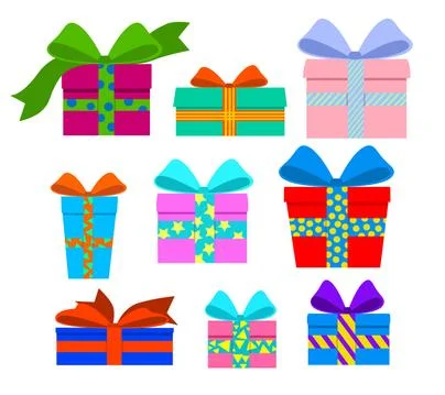 Set of Gifts in multi-colored boxes with a ribbon. Surprise with a beautiful bow Stock Illustration