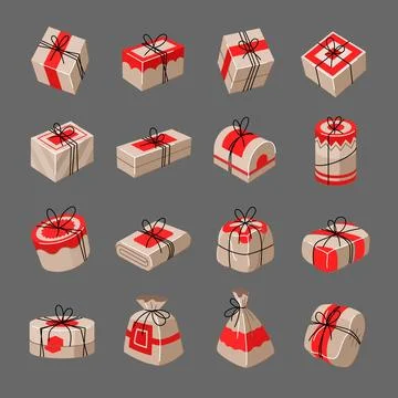 A set of gifts packed in boxes, bundles, bags with red accent elements Stock Illustration