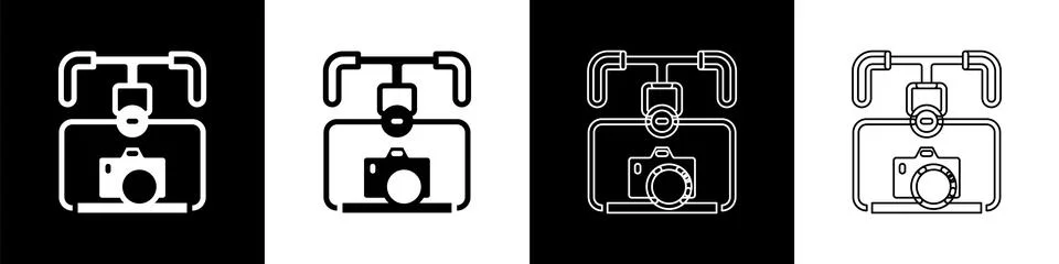 Set Gimbal stabilizer with DSLR camera icon isolated on black and white backg Stock Illustration