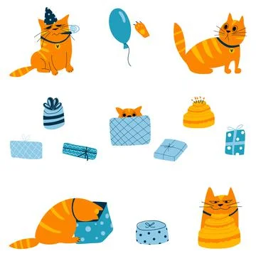 Set of ginger birthday cat in different situations, gift box in cartoon hand Stock Illustration