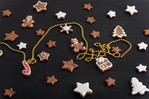 Set ginger biscuits glazed sugar icing. Stars, gingerbread man, fir-tree from Foto stock