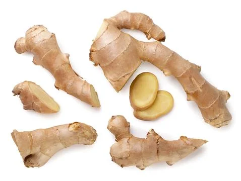 Set of ginger pieces on white background. Top view Stock Photos
