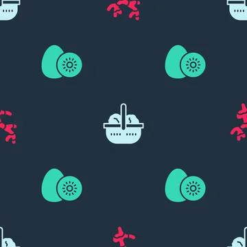 Set Ginger root, Basket and food and Kiwi fruit on seamless pattern. Vector Stock Illustration