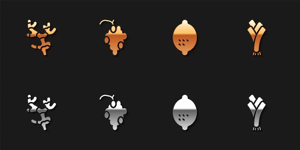 Set Ginger root, Grape fruit, Lemon and Leek icon. Vector Ilustración de archivo