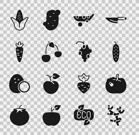 Set Ginger root, Pumpkin, Cucumber, Peas, Cherry, Carrot, Corn and Grape fruit Stock Illustration