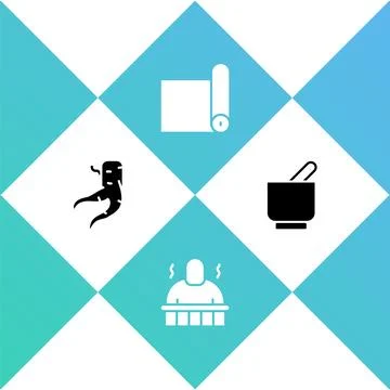 Set Ginger root, Sauna and spa procedures, Fitness mat roll and Mortar pestle Illustrazione stock