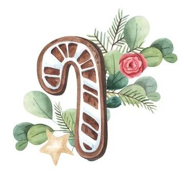 Set of gingerbread cookie in shape of candy cone stick with greenery .Watercolor Stock Illustration