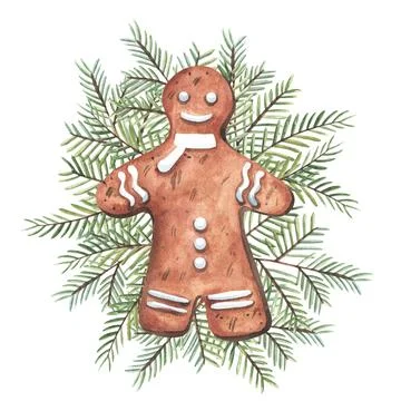 Set of gingerbread cookie in shape of christmas man with thuja branches Stock Illustration