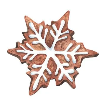 Set of gingerbread cookie in shape of snowflake .Watercolor hand painted Stock Illustration