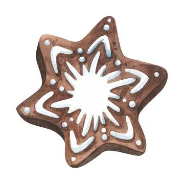 Set of gingerbread cookie in shape of snowflake .Watercolor hand painted Stock Illustration