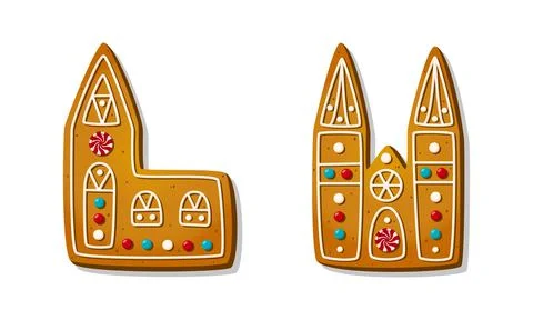 Set of Gingerbread cookies in shape of churches. Winter homemade sweets in shape Stock Illustration