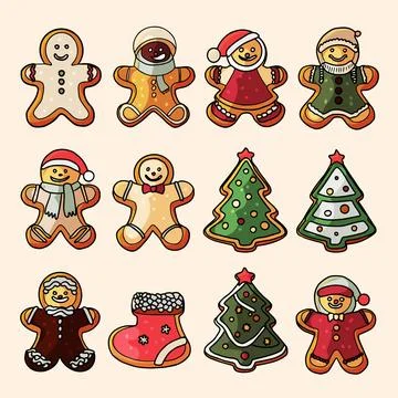 Set of gingerbread man and trees, isolated Stock Illustration