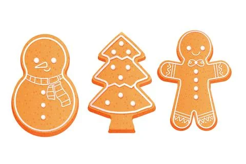 Set Gingerbread man, cute snowman and christmas tree with icing decoration Illustrazione stock