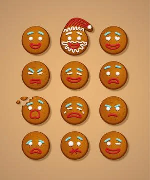 Set of gingerbread man faces. Vector Christmas and New Year holiday elements. Illustrazione stock