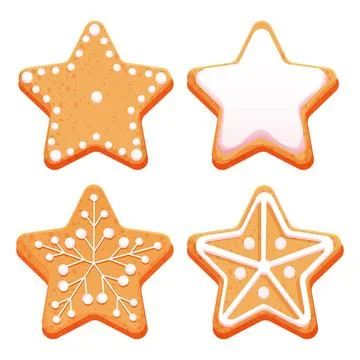 Set gingerbread star with glaze, icing decoration top view in cartoon style Illustrazione stock