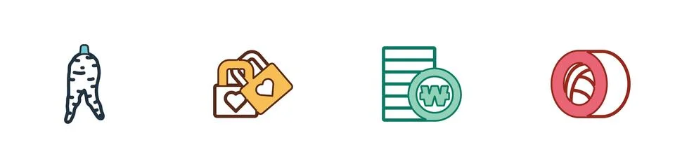 Set Ginseng root, Lock with heart, South Korean won coin and Sushi icon. Vect Stock Illustration