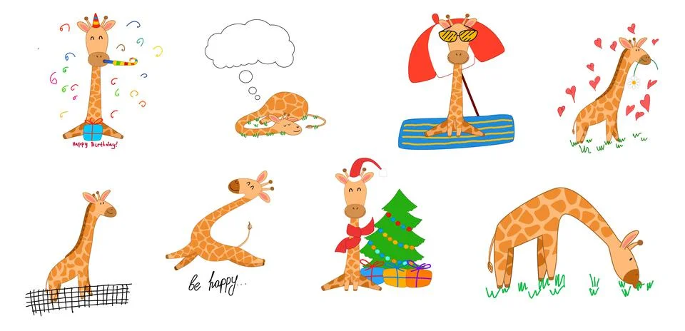 A set with a giraffe in different situations, isolated in the style of doodles. Stock Illustration