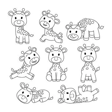 Set of giraffe doodle collection, giraffe outline coloring page or book ani.. Stock Illustration