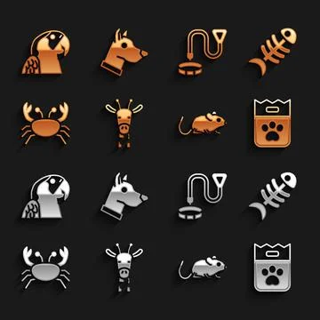 Set Giraffe head, Fish skeleton, Bag of food, Rat, Crab, Collar with name tag 스톡 일러스트