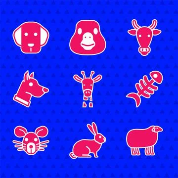 Set Giraffe head, Rabbit, Sheep, Fish skeleton, Rat, Dog, Cow and icon. Vector Illustrazione stock
