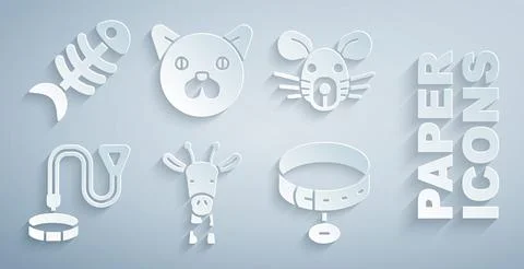 Set Giraffe head, Rat, Collar with name tag, Cat and Fish skeleton icon. Vector Stock Illustration