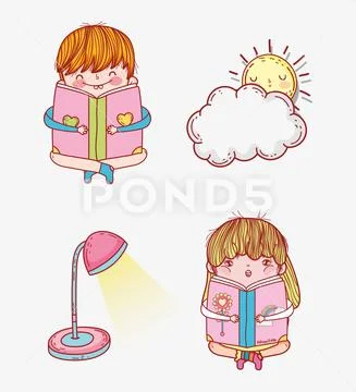 Set girl and boy read book with lamp and sun Stock Illustration