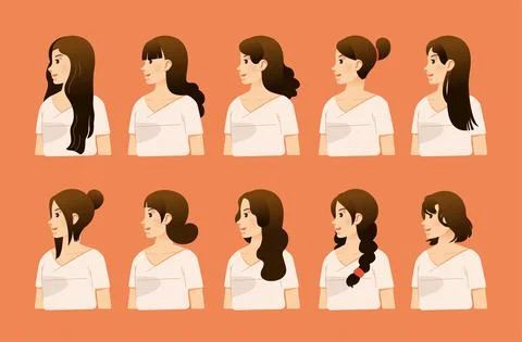 Set of girl character with different hair styles from side view flat vector i Stock Illustration