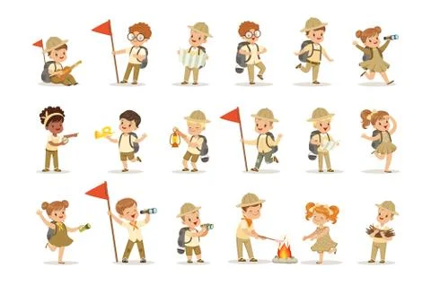 Set of girls and boys in scout costumes Stock Illustration