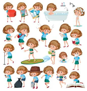 Set of girls doing activitys on white  background Illustrazione stock