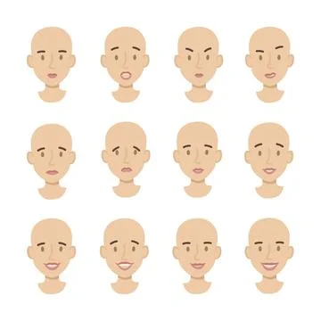 Set girls faces flat. Different emotions woman joy fun sadness anger. Head wi Stock Illustration