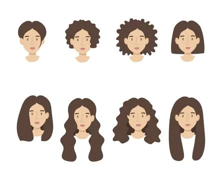 Set girls faces flat. Friendly young woman with dark hair hairstyles differ.. Stock Illustration