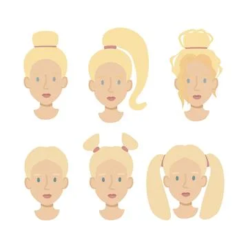 Set girls faces flat. Friendly young woman with different hairstyles blond ha Stock Illustration